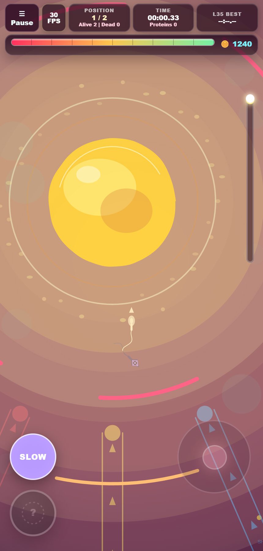 A swimmer approaches the egg through bright lanes and rotating defenses