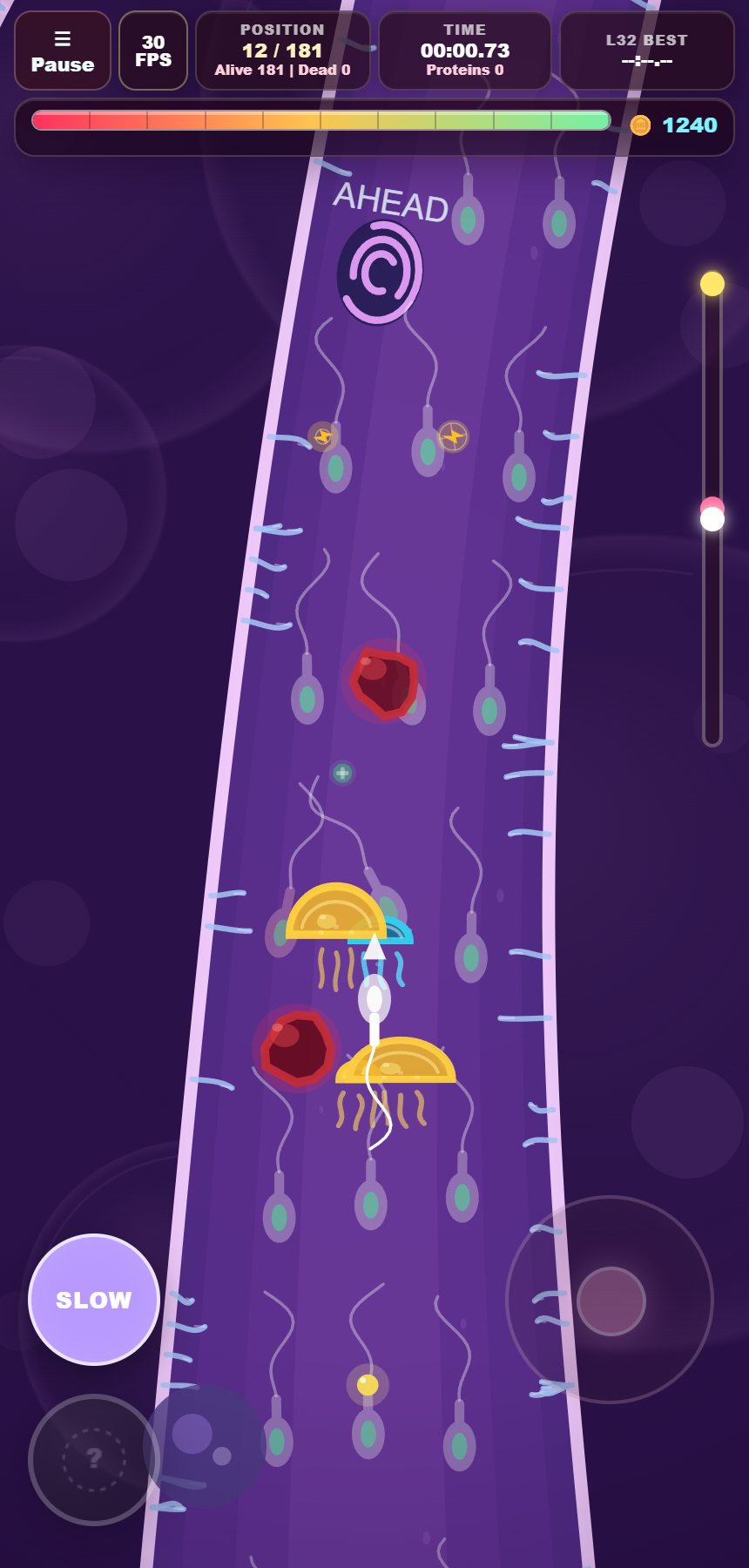 A swimmer races through a purple course with pickups and moving obstacles