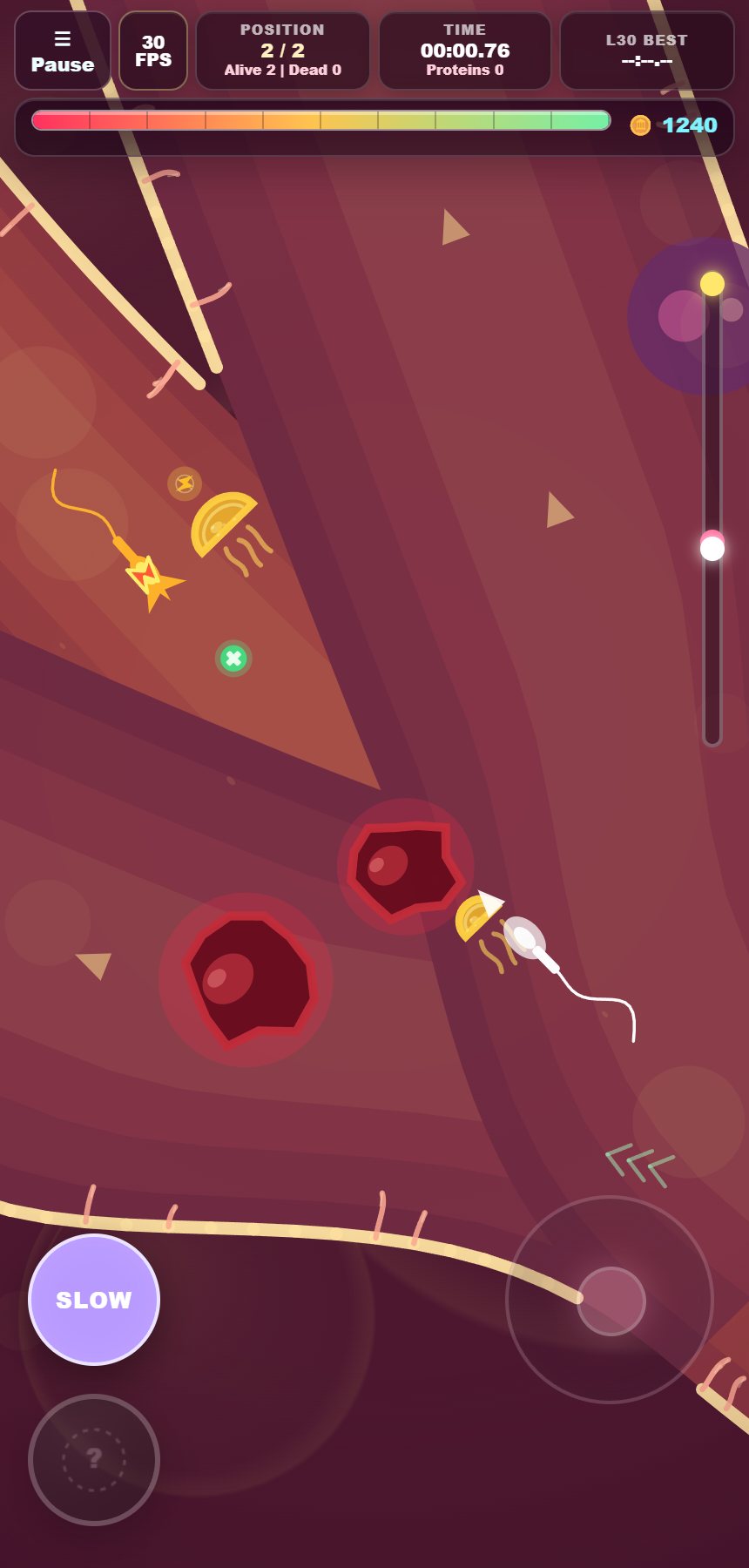 A boss and player race through a warm red course