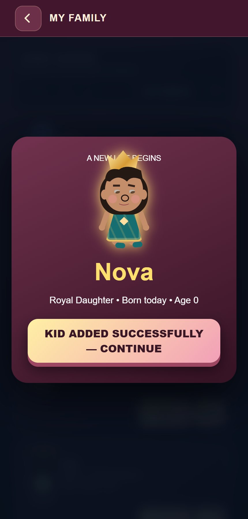 A special crowned child arrives after a final-boss victory.